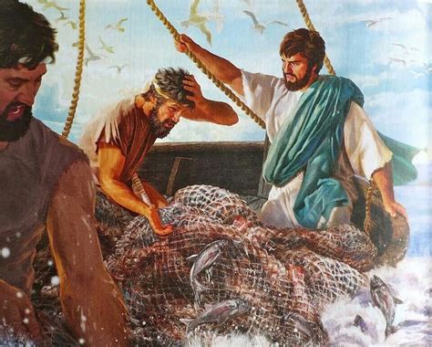 They answer No Jesus tells them Cast the net on the right side of the boat and you will find some. . Jesus tells peter to cast his net